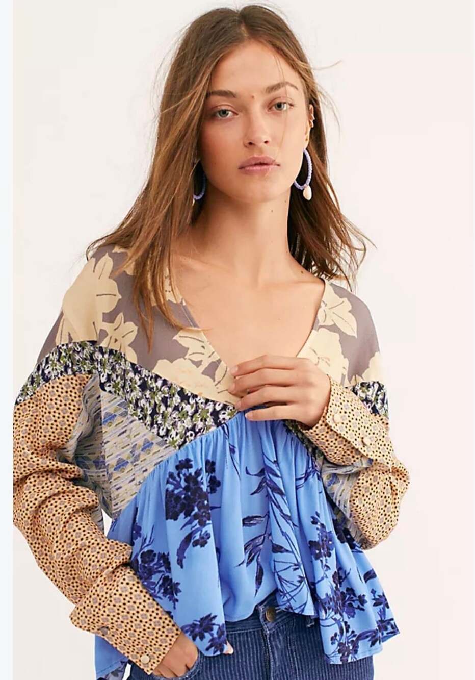 Free People Aloha State of Mind Patchwork Floral V-Neck Blouse Size Small